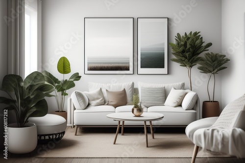 Beautiful living room interior with white sofa and paintings. AI generated.