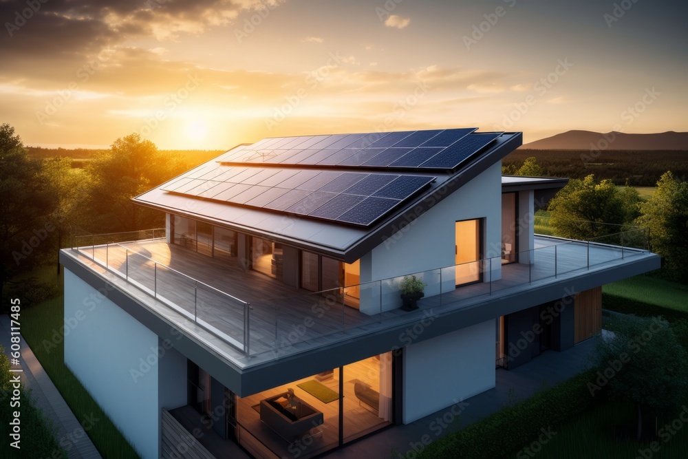 Modern House Roof with Photovoltaic Solar Panels: A Sustainable Energy Solution, Generative AI.