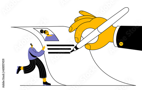 The specialist's hand helps to write the CV correctly. Vector illustration in a modern style on the topic of proper CV preparation and job search.