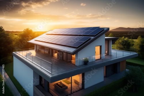 Modern House Roof with Photovoltaic Solar Panels: A Sustainable Energy Solution, Generative AI. © ParinApril