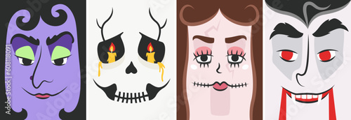 Halloween posters with monster faces. Holiday placards in flat style.
