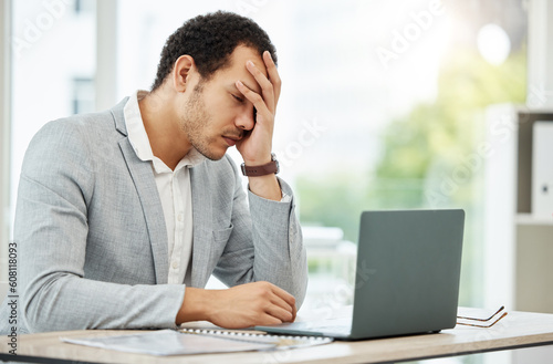 Stress, tired and business man on laptop for headache, burnout and mental health problem, fail or crisis. Pain, fatigue and office person with depression, anxiety or mistake, wrong email and computer