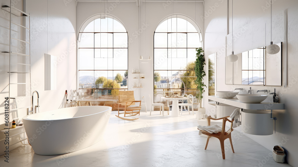 Fototapeta premium Generative ai illustration of artist loft with bathtub and faucet in bathroom