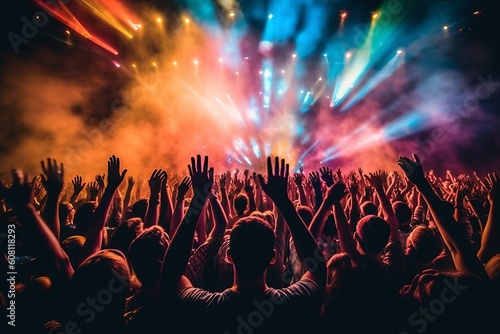 Colorful Light Beams Illuminate Energetic Crowd with Raised Hands at Concert, Generative AI.