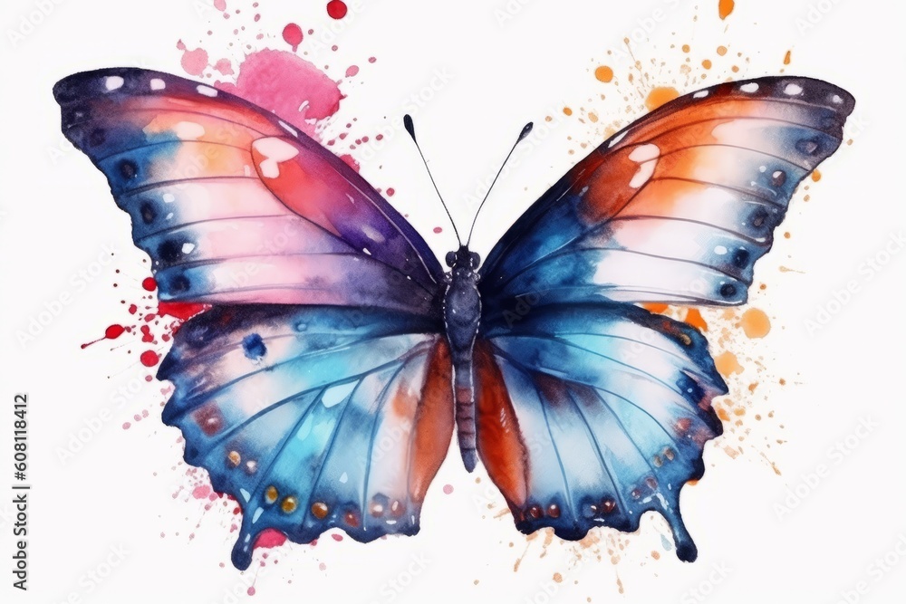 Fototapeta premium Hand-Drawn Watercolor Butterfly with Splashes on a White Isolated Background, Generative AI.