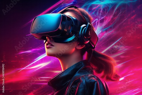 Virtual Reality Experience: A Woman Immersed in Technology with VR Headset, Generative AI.