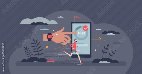 Fitness tech as wearable smart watch for sport activities tiny person concept. Digital technology for healthy exercises and heart rate measurement vector illustration. Control pulse, pace and speed.