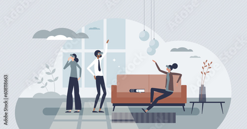 Virtual property tour with VR apartment tour experience tiny person concept. 3D simulation with 360 excursion in new house or real estate vector illustration. Distant interactive realtor visualization