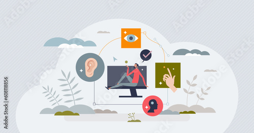 Web accessibility and assistance for disabled users tiny person concept. Deaf or blind patient easy browser or website usage vector illustration. Online site development with touch sensitive help.