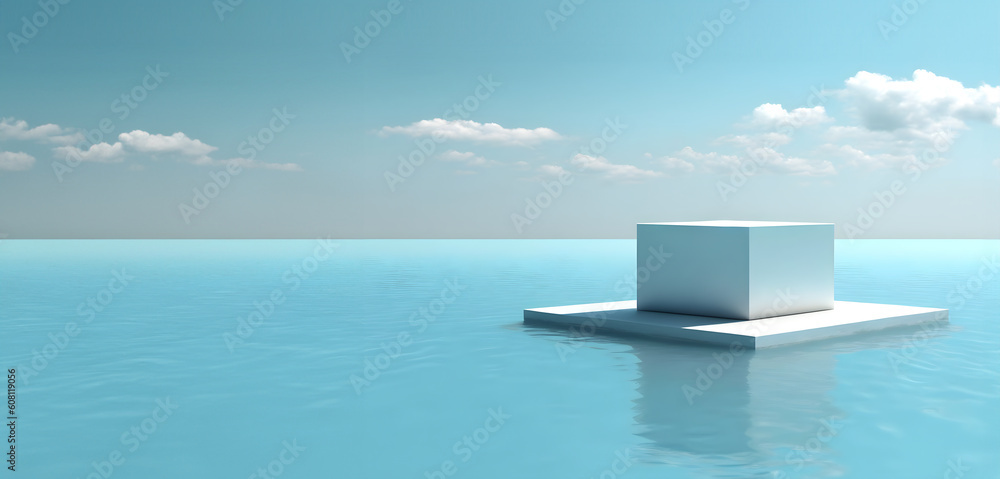 Fototapeta premium Abstract minimal concept. Beautiful blue sky clouds landscape background with podium stage platform on water. Mock up template for product presentation. 3D rendering. copy text space