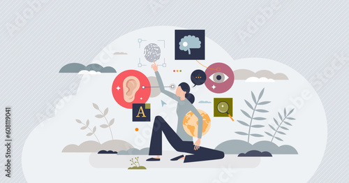 Web accessibility and easy online browsing assistance tiny person concept. Help tools for users with hearing or sight problems vector illustration. Adjustable internet site usage for deaf or blind.