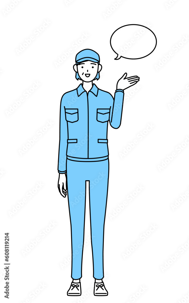 ふきだしつき、案内をする帽子と作業着姿のシニア女性（経営者、管理職、上司）