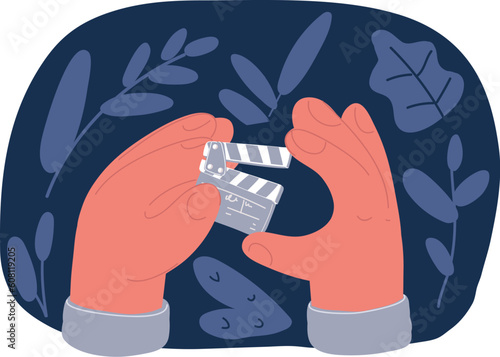 Cartoon vector illustration of hand drawn sketch of hands with cinema clapper board