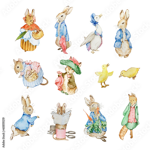 Foto Watercolor illustration Friends Peter Rabbit