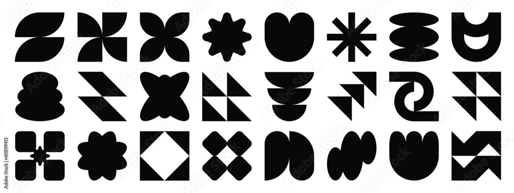 Fototapeta premium Collection of geometric shapes on white background. Abstract black color icon element of flower, square, pixel, sparkling, different shapes. Icon graphic design for decoration, logo, business, ads.