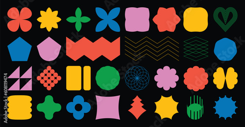 Set of abstract retro geometric shapes vector. Collection of contemporary figure, flower, heart, square in 70s groovy style. Bauhaus Memphis design element perfect for banner, prints, stickers, decor.