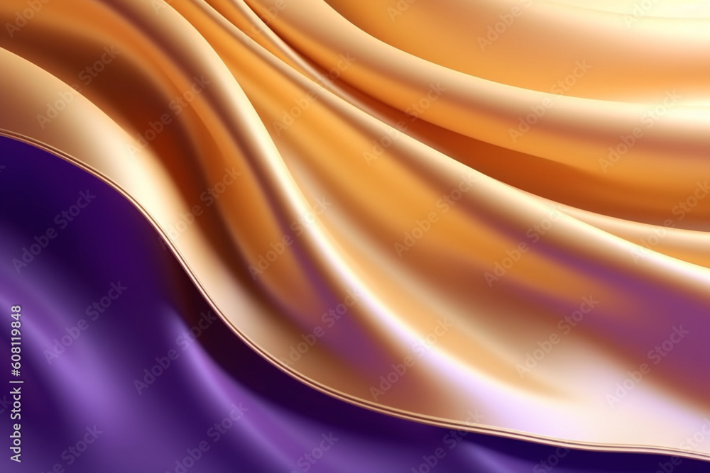 Fototapeta premium Abstract Background with 3D Wave Bright Gold and Purple Gradient Silk Fabric, Ultra realistic, Generative AI
