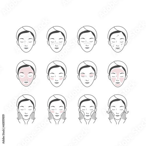 beauty woman face line icon set of vector