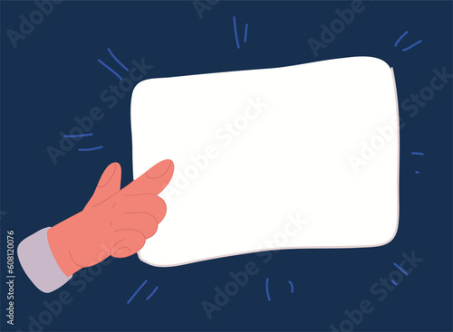 Cartoon vector illustration of hand showing and pointing fingers upper left and right corner with happy expression advices use this copy space wisely concept