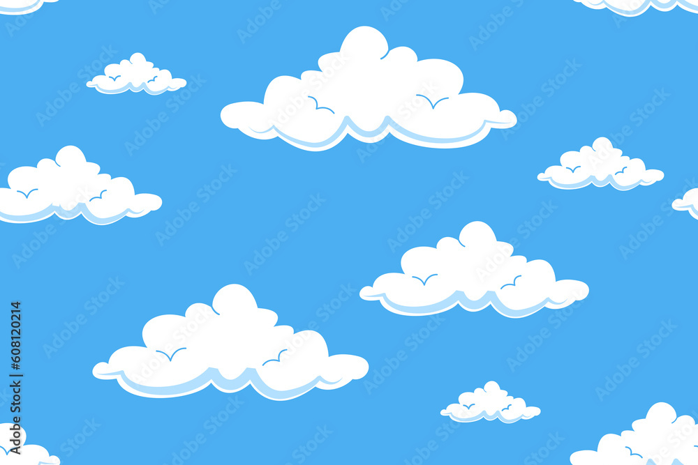 Vector cloud pattern. Illustration of a blue sky with beautiful white clouds. Seamless cloudscape pattern for fabric. Great weather. Vector cloud pattern. Illustration of a blue sky with beautiful white clouds. Seamless cloudscape pattern for fabric. Great weather.