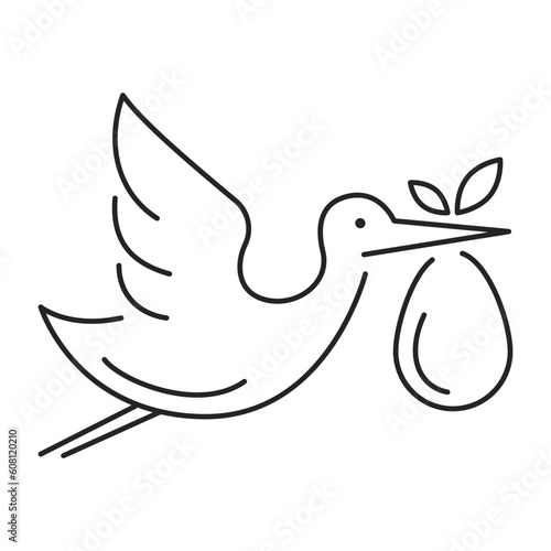Stork carrying newborn vector isolated icon. Line symbol of stork flying with a baby. Concept or pregnancy and maternity.