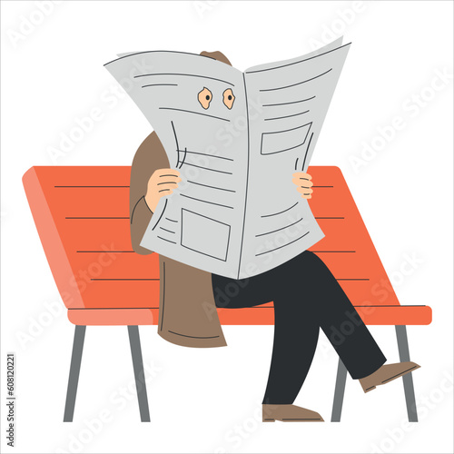 Private detective looking through the newspaper vector isolated. Character sitting on the bench and pretending that he reads newspaper. Spy, surveillance, crime investigation.