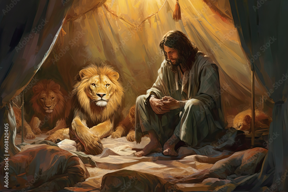 Daniel and the Lion's Den Bible illustration, generated ai, generated, ai