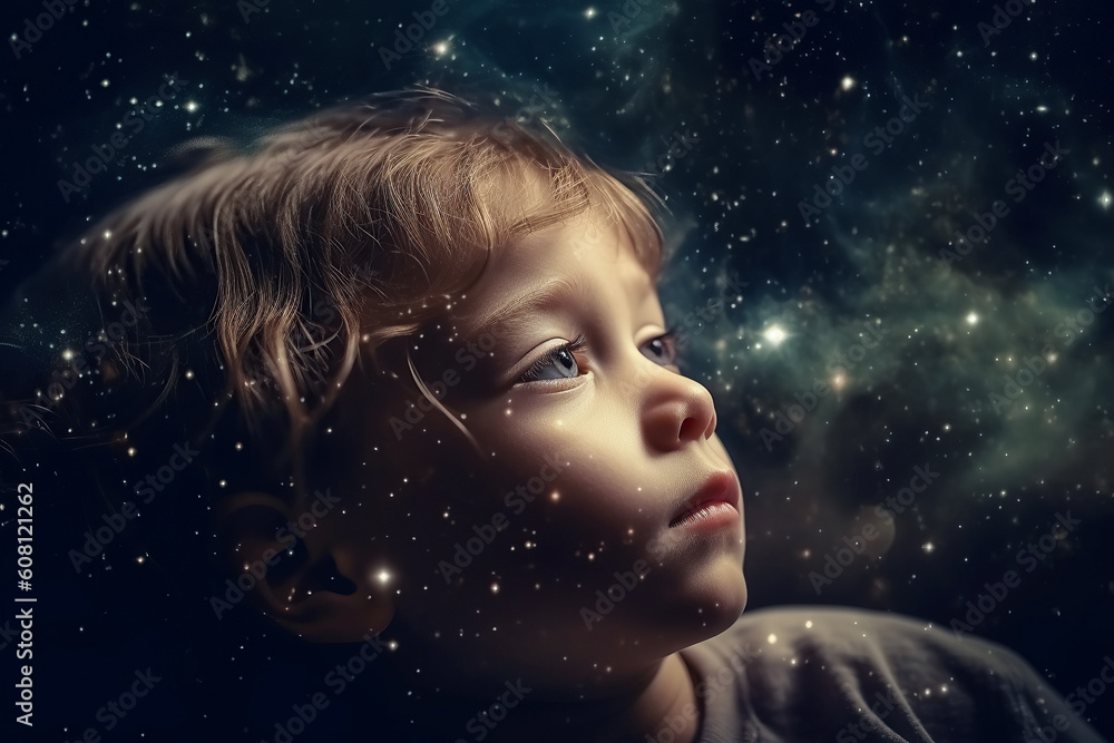 sleppy child baby in dream at night dreams of space with stars. Generative AI illustration sleppy child baby in dream at night dreams of space with stars. Generative AI illustration