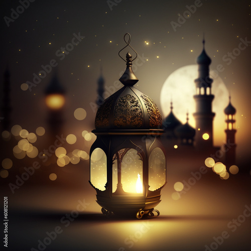 islamic background with moon lanterns and mosque for ramadan eid ul fitr and eid al adha eid milad muharram generative ai