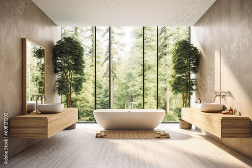 Modern contemporary bathroom 3d rendering image. Open space bright modern bathroom with big window and nature view. Generative AI © VisualProduction