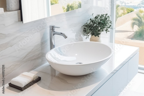 Stylish white sink in modern bathroom interior. Open space bright modern clean bathroom. Generative AI