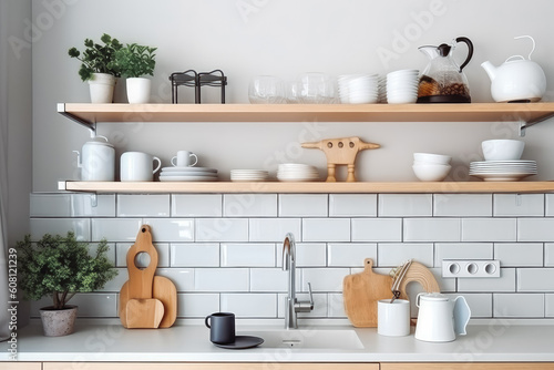 Modern stylish scandinavian style kitchen interior with appliances. Generative AI © VisualProduction