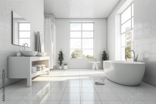 Modern minimal style white bathroom 3d rendering image. Open space bright modern bathroom with big window and nature view. Generative AI © VisualProduction