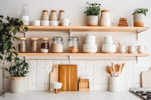 Modern stylish scandinavian style kitchen interior with appliances. Generative AI