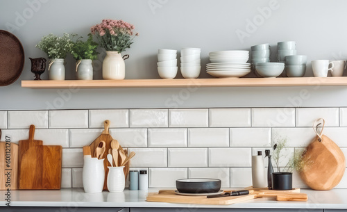 Modern stylish scandinavian style kitchen interior with appliances. Generative AI