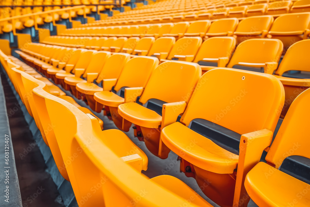 Fototapeta premium Yellow tribunes. Empty seats on tribune at sport stadium. Generative AI