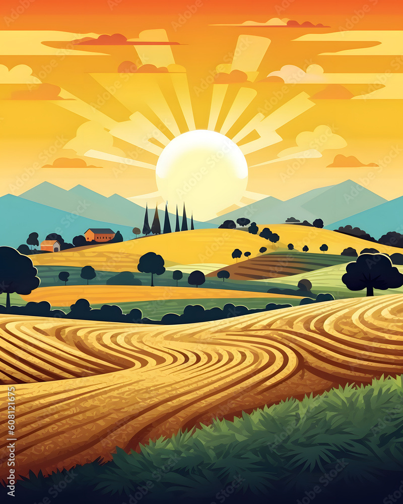 Fototapeta premium Art Summer landscape field illustration