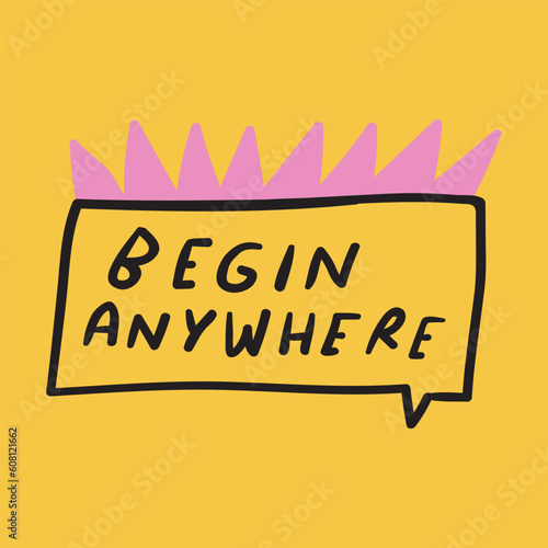 Begin anywhere. Speech bubble. Graphic design for social media. Hand drawn illustration on yellow background.