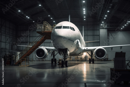 Aeronautical engineers in a hangar and a jetliner, generative AI