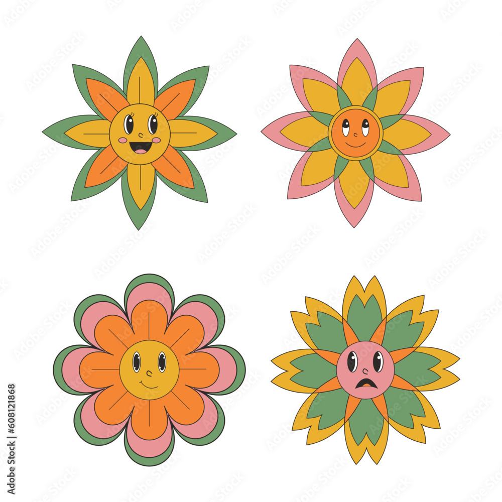 Groovy flower retro cartoon characters. Funny happy daisy with eyes and smile.Isolated vector illustration. Hippie 60s, 70s style.flower retro decoration