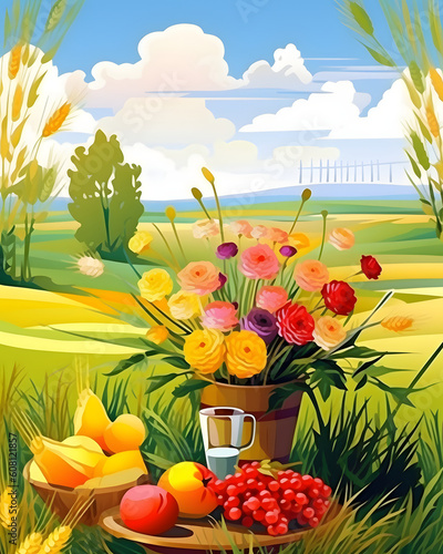 Minimalist Art Spring life field landscape with a bouquet of flowers