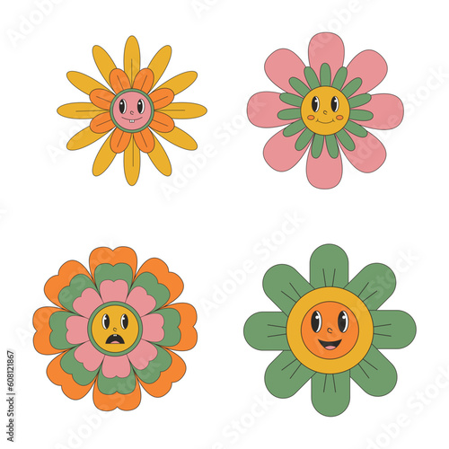 Groovy flower retro cartoon characters. Funny happy daisy with eyes and smile.Isolated vector illustration. Hippie 60s, 70s style.flower retro decoration © Denu Studios