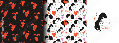 Kissing people seamless pattern. Line portrait. Man and woman couple in love, romantic relationships. Boyfriend and girlfriend. Decor textile, wrapping paper, wallpaper design. Print for fabric vector