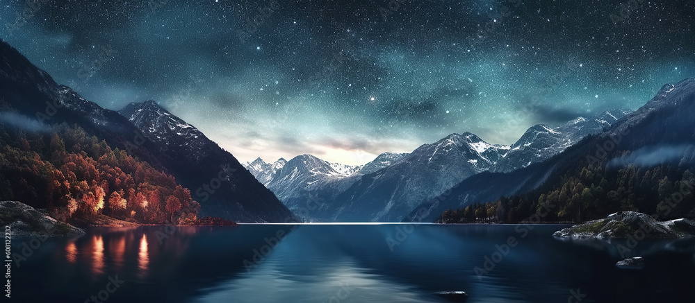 panorama with starry night sky with stars and milky way over mountains and lake water. Generative AI illustration