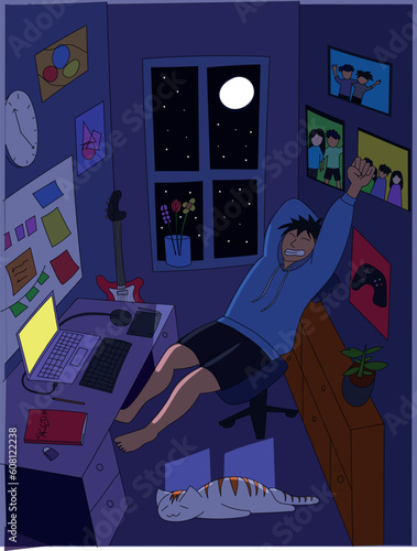 man working in dark room at night