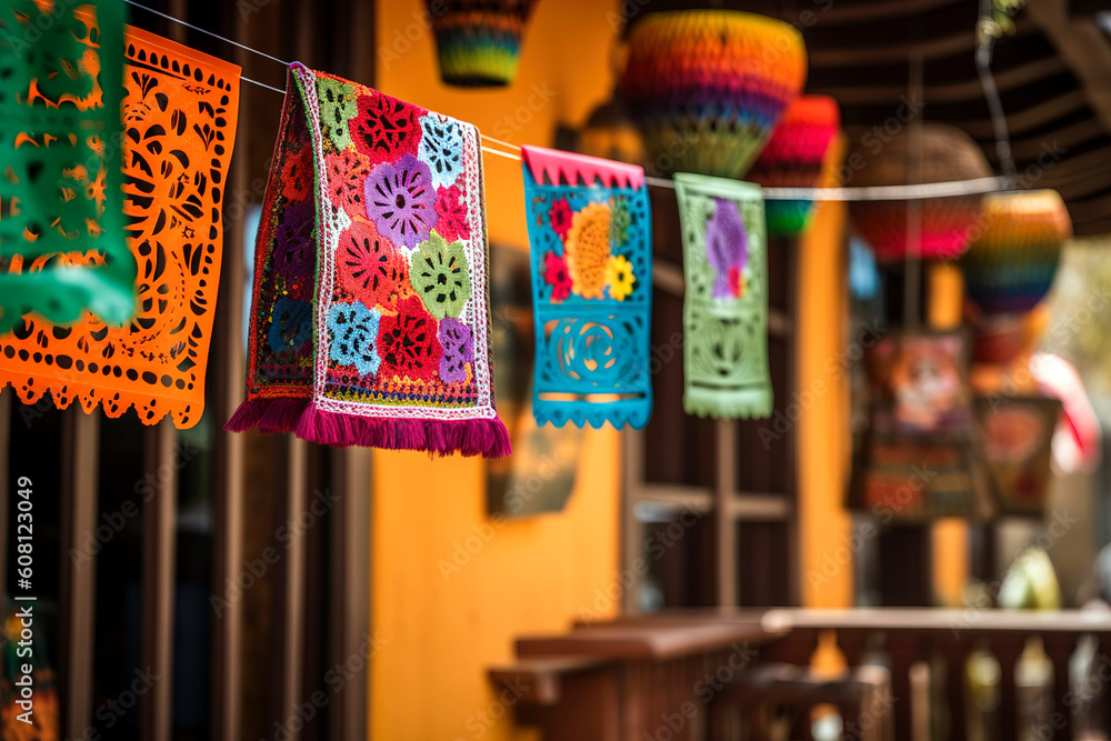 Traditional Mexican decorations in the streets and stores.