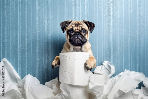 Close up of a dog playing with toilet paper on a copyspace background.