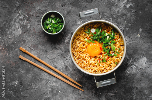 Billede på lærred Korean Style Instant Noodles, Shin Ramyeon or Ramyun with Egg, Scallion and Brot