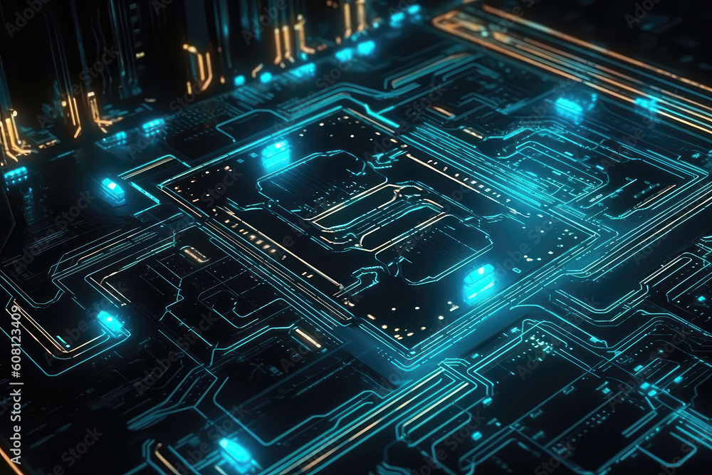 Futuristic Digital Circuit Board With Glowing Neon Lights. Generative AI Futuristic Digital Circuit Board With Glowing Neon Lights. Generative AI
