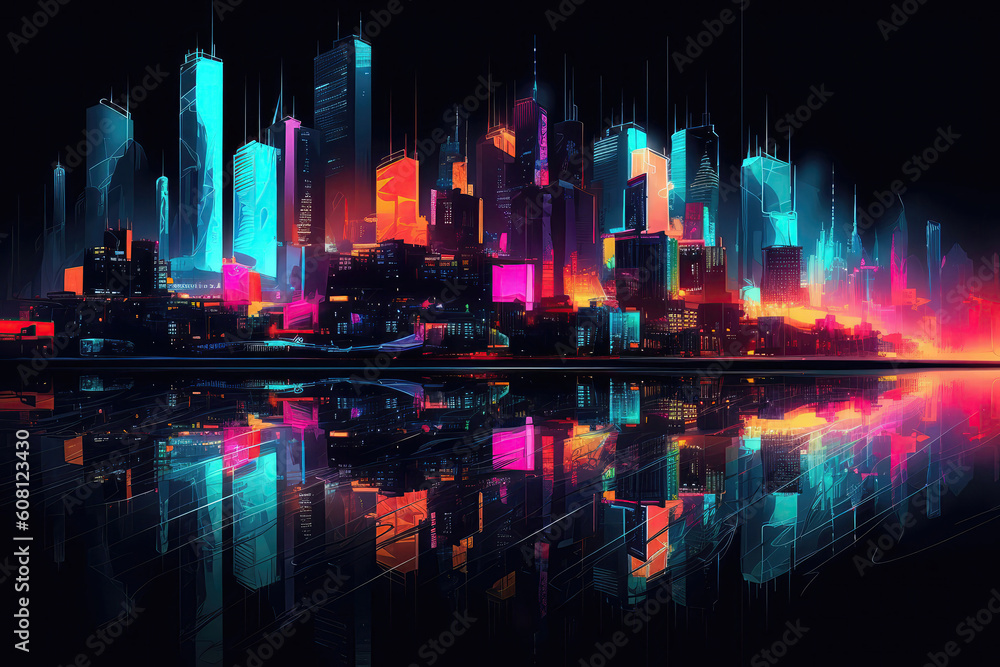 Obraz premium Abstract Neon Cityscape With Mirrored Reflections. Generative AI